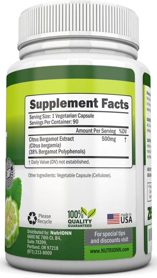 Citrus Bergamot - 500 Mg - 90 Vegetarian Capsules - 38% Polyphenols - Natural Premium Quality Citrus Bergamot Extract - Promotes Healthy Triglyceride Levels