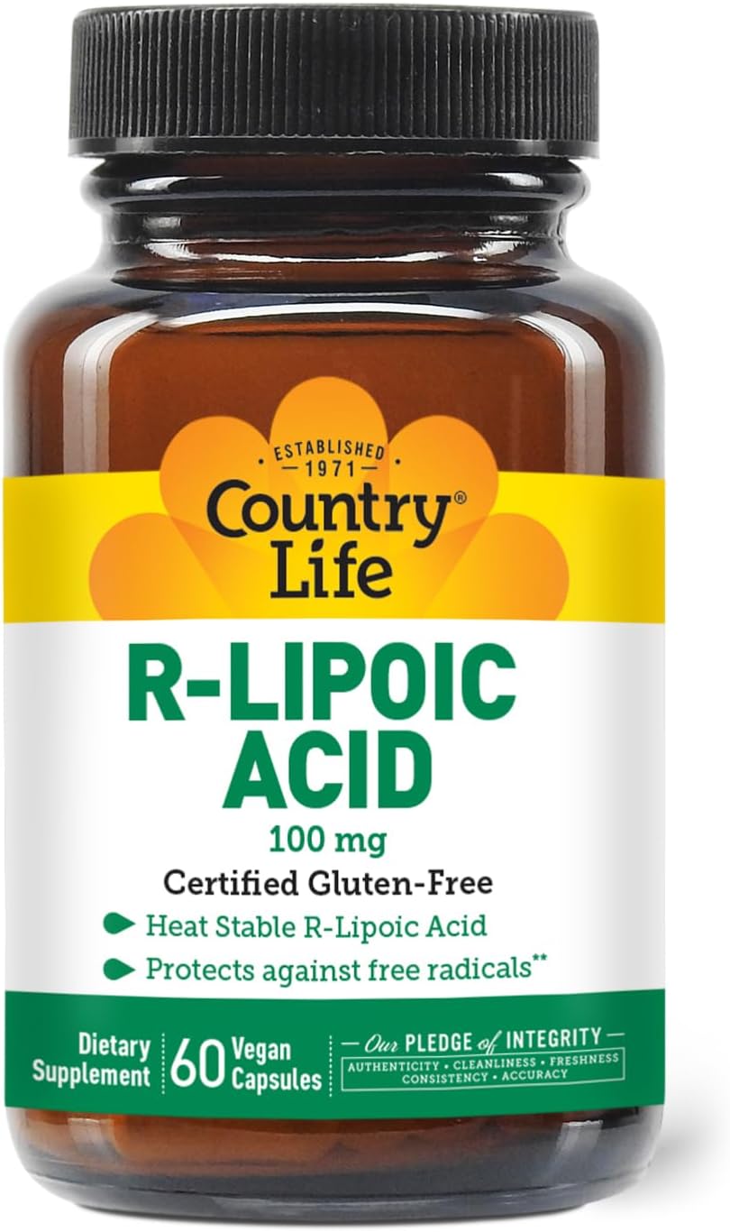 Country Life R-Lipoic Acid, 100Mg, 60 Vegan Capsules, Certified Gluten Free, Certified Vegan, Certified Halal, Non-Gmo Verified