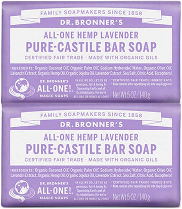 Dr. Bronner's - Pure-Castile Bar Soap (Lavender, 5 ounce, 2-Pack) - Made with Organic Oils, For Face, Body and Hair, Gentle and Moisturizing, Biodegradable, Vegan, Cruelty-free, Non-GMO