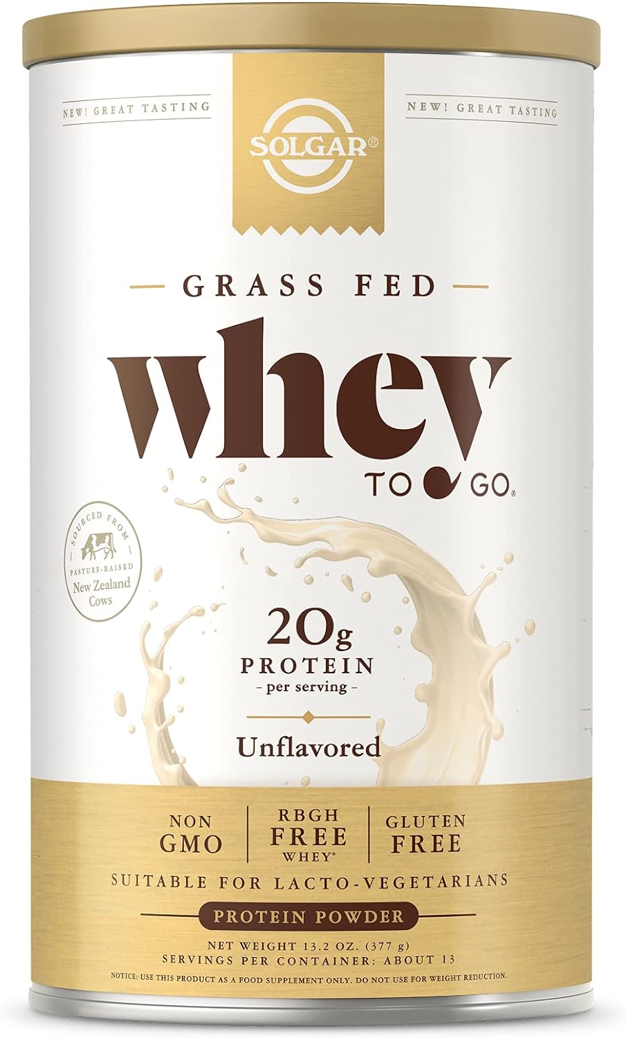 Solgar Grass Fed Whey to Go Protein Powder Unflavored, 11.2 oz - 20g o