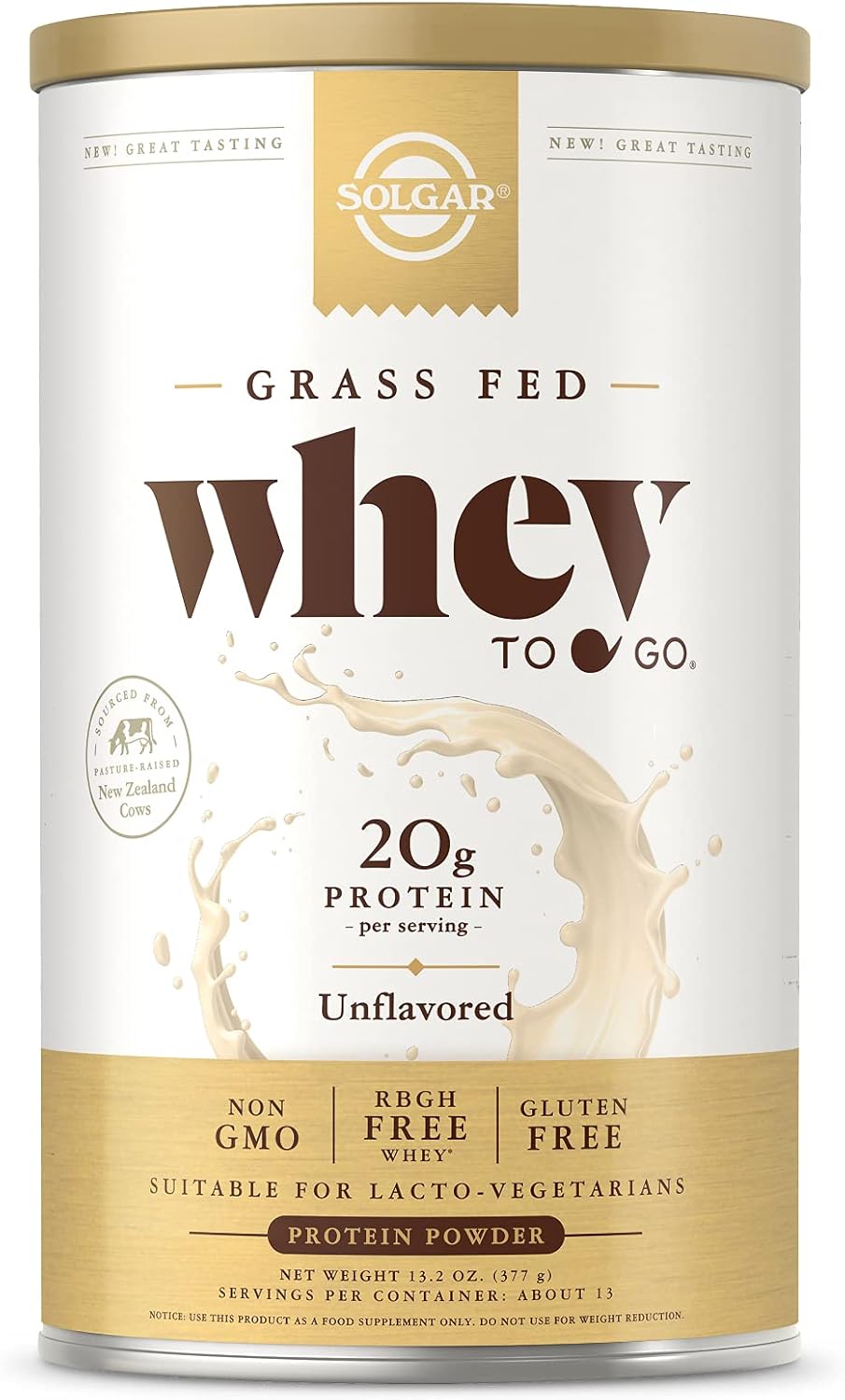 Solgar Grass Fed Whey To Go Protein Powder Unflavored, 11.2 Oz - 20G Of Grass-Fed Protein From New Zealand Cows - Great Tasting & Mixes Easily - Supports Strength & Recovery - Non-Gmo, 13 Servings