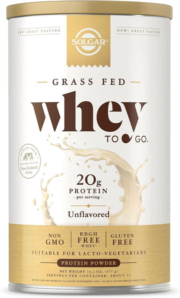 Solgar Grass Fed Whey To Go Protein Powder Unflavored, 11.2 Oz - 20G Of Grass-Fed Protein From New Zealand Cows - Great Tasting & Mixes Easily - Supports Strength & Recovery - Non-Gmo, 13 Servings