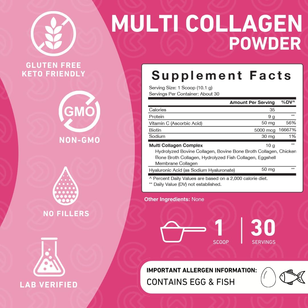 PUREFINITY Multi Collagen Peptides Powder - Dissolving Collagen Powder Type I, II, III, V & X with Biotin & Vitamin C - Anti-Aging, Healthy Hair, Skin & Nails - Unflavored : Health & Household