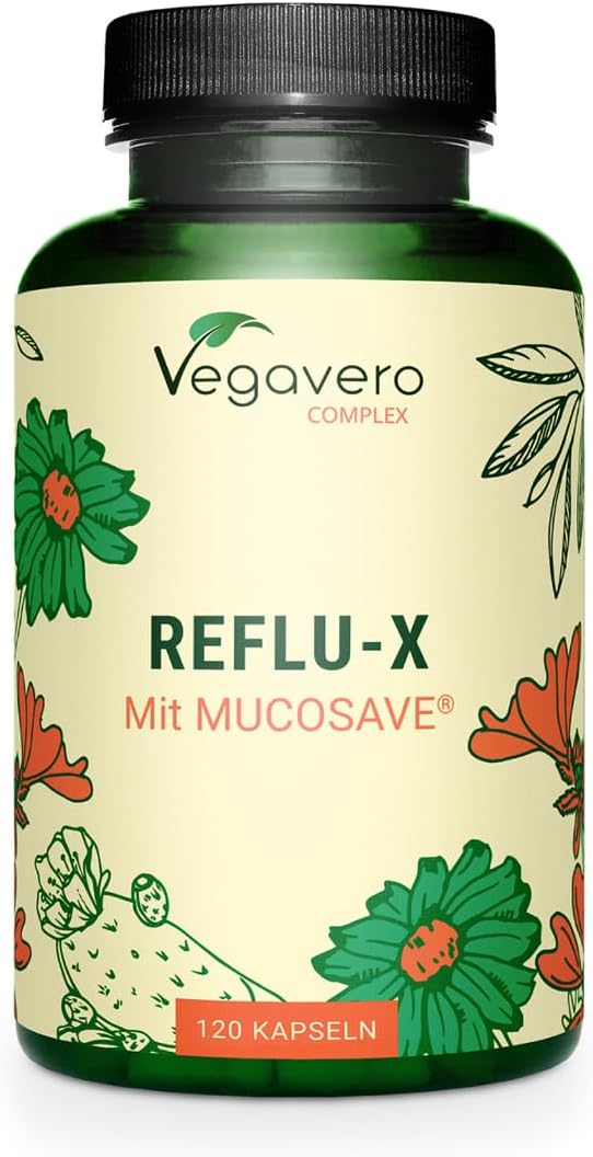 Vegavero Reflu-X Complex | Natural Antacid | Stomach Reflux And Gastritis | With Mucosave®, Olive Leaf Extract, Sodium Alginate, Chamomile | No Additives | 120 Capsules | Vegan