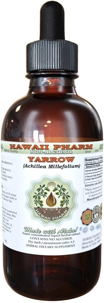 Hawaii Pharm Yarrow Alcohol-Free Liquid Extract, Organic Yarrow (Achillea millefolium) Dried Herb Glycerite Natural Herbal Supplement, USA 2 fl.oz