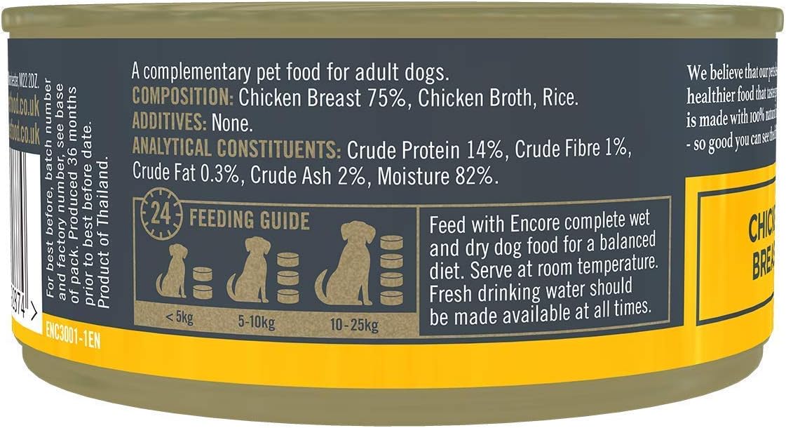 Encore 100% Natural Wet Dog Food Tin, Chicken Breast with Rice Tin 156g, Pack of 12 :Pet Supplies