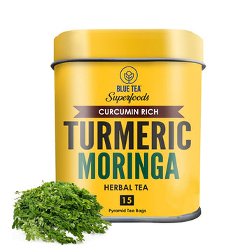 Blue Tea - Turmeric Moringa Tea - 15 Tea Bags || Ayurvedic Blend || Immunity Booster - Herbal Tea Ingredients - Caffeine Free - Non-Gmo - Vegan - Gluten Free - Healthy Tea | Reusable Tin Pack