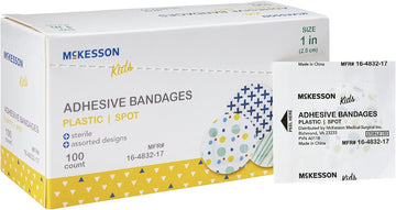 McKesson Kids Adhesive Bandages, Sterile, Plastic Spot, Assorted Print, 1 in, 100 Count, 24 Packs, 2400 Total