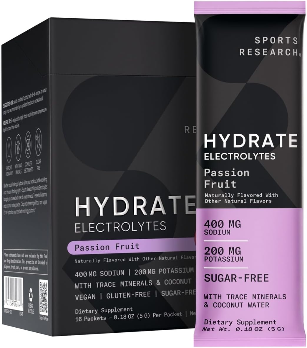 Sports Research Hydrate Electrolytes Powder Packets - Sugar-Free & Naturally Flavored With Vitamins, Minerals, And Coconut Water - Supports Hydration - 16 Packets - Passion Fruit