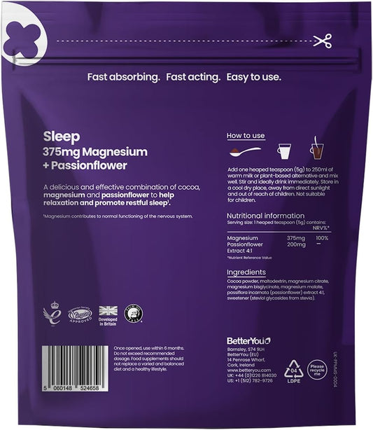 Betteryou Magnesium Glycinate, Citrate And Malate Sleep Powder Supplement, 1941Mg 3-In-1 Complex Magnesium Delivering Optimally Bioavailable 375Mg Elemental 200Mg Passionflower, Hot Chocolate Powder