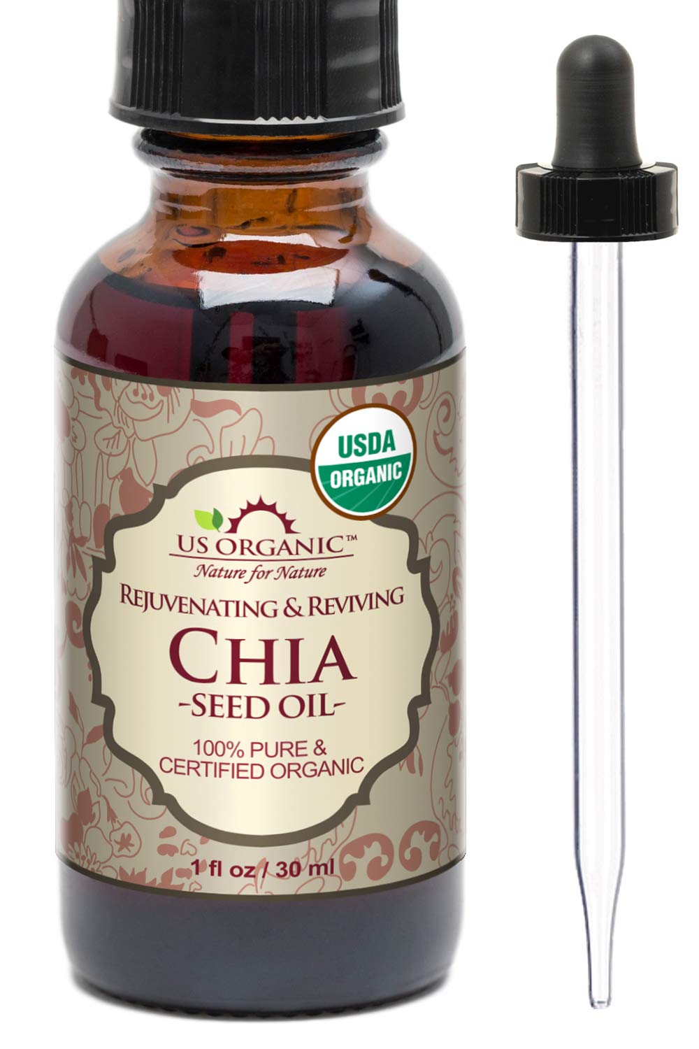 US Organic Chia Seed Oil, Certified Organic, Pure & Natural, Cold Pressed Virgin, Unrefined, Sourced from Paraguay, in Amber Glass Bottle w/Glass Eyedropper (1 oz (30 ml))