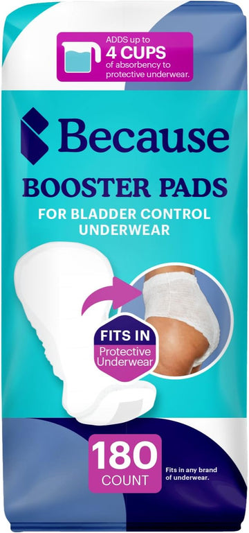Because Premium Incontinence Booster Pads For Men And Women, Adds Extra Absorbency To Adult Diapers, Super Soft, Adhesive Strip Backing, Unisex, 180 Boosters (9 Packs Of 20)
