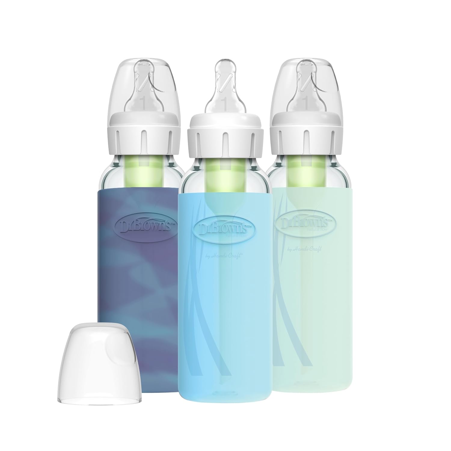 Dr. Brown'S Natural Flow Anti-Colic Options+ Narrow Glass Baby Bottle, 8 Oz/250 Ml, With Silicone Bottle Sleeve, 3 Pack, Glow/Blue/Mint