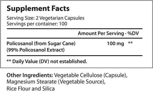 Policosanol 100Mg 200 Vegetarian Capsules | Natural Sugar Cane Supplement | Heart And Lipid Metabolism Vitamin | Polycosanol Powder 100 Mg Per Serving | Non-Gmo, Gluten-Free Formula