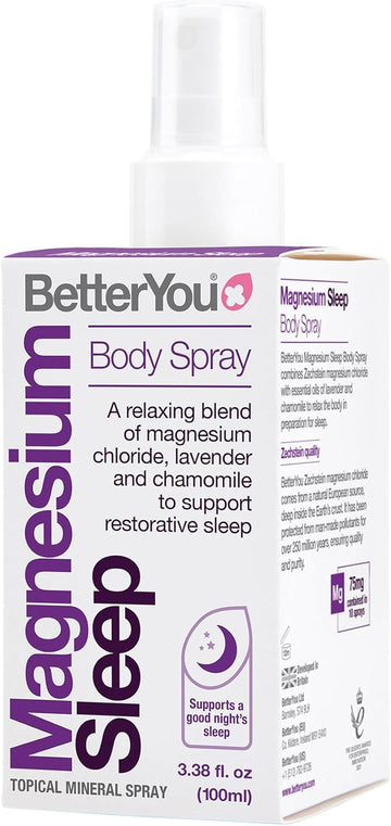 Betteryou Magnesium Sleep Body Spray, Made With Zechstein Magnesium Chloride And Essential Oils, Magnesium Supplement, Natural Sleep Aid, Palm-Oil Free, 100Ml (600 Sprays)