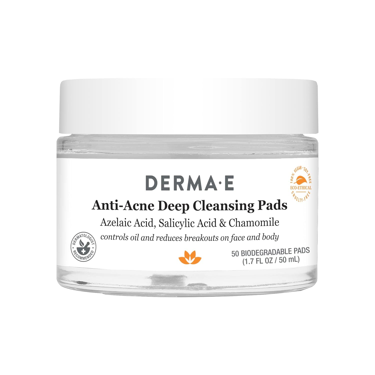 Derma E Anti-Acne Deep Cleansing Acne Pads, 50 Exfoliating Face Wipes With Azelaic Acid, Salicylic Acid & Chamomile, Acne Treatment For Face & Body, Helps Fight Breakouts & Blemishes