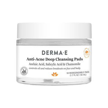 Derma E Anti-Acne Deep Cleansing Acne Pads, 50 Exfoliating Face Wipes With Azelaic Acid, Salicylic Acid & Chamomile, Acne Treatment For Face & Body, Helps Fight Breakouts & Blemishes