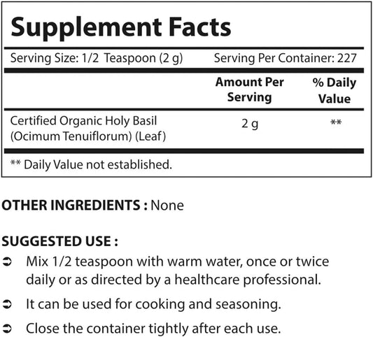 Nova Nutritions Certified Organic Holy Basil (Tulsi) Powder 16 OZ (454 gm) - Supports Healthy Immune Function