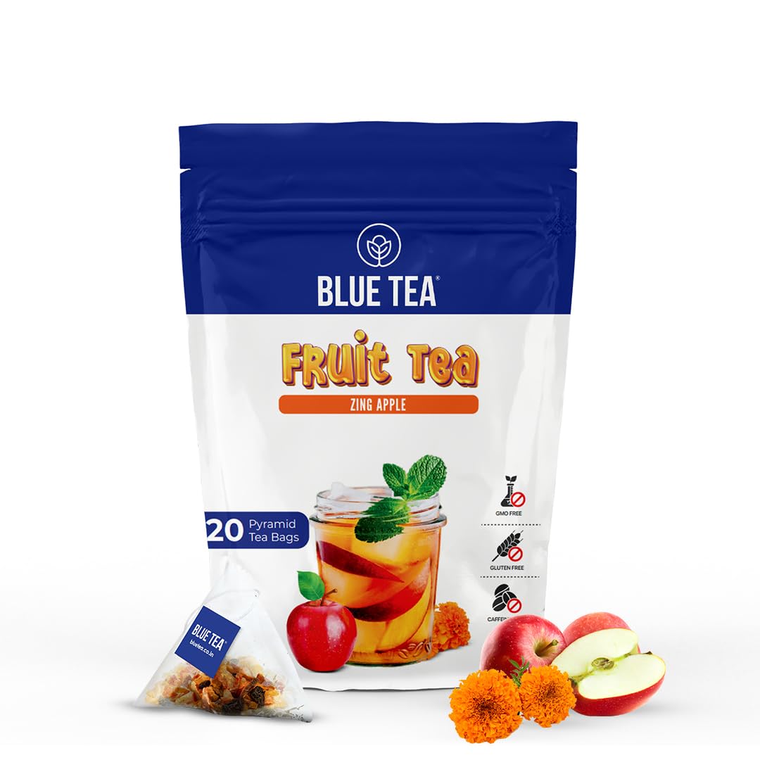 Blue Tea - Zing Apple Fruit Tea - 20 Tea Bags | Super Anti-Oxidant | Caffeine Free | Fruity Flavour | Herbal Tea - Natural Ingredients - Vegan - Farm Fresh | Ziplock Packaging