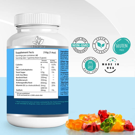 Bio Vitalica Sea Moss Ashwagandha Gummies - Organic Irish Seamoss & Ashwagandha Root Supplements For Supporting Energy & Immunity For Men & Women, 60 Vegan Gummies