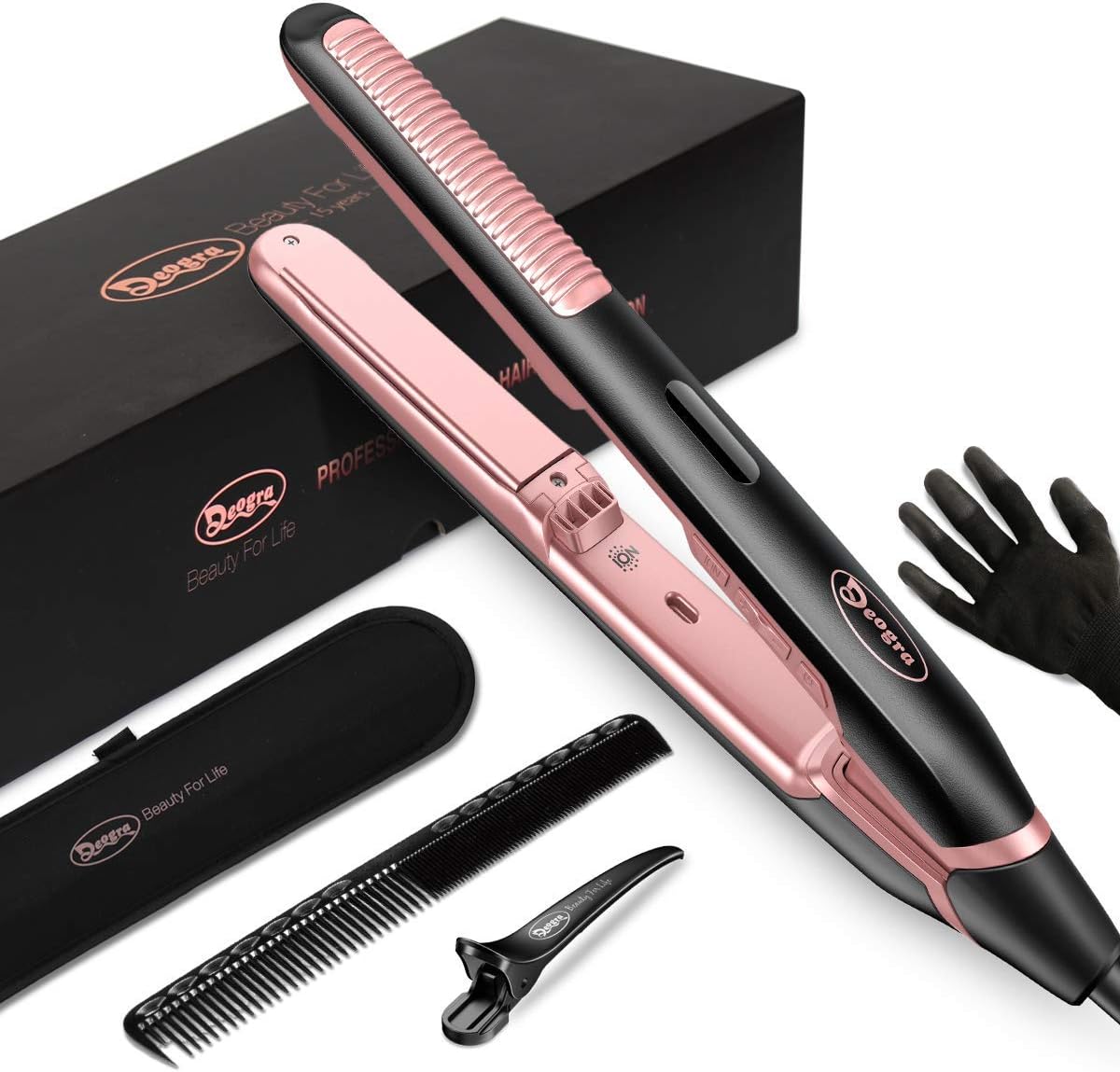 Ionic Flat Iron For Hair, Argan Oil Keratin Infused Ceramic Hair Straightener And Curler, Dual Voltage Flat Curling Iron, 450 ? Digital Instant Read Temperature Control Hair Iron Rosa Pink