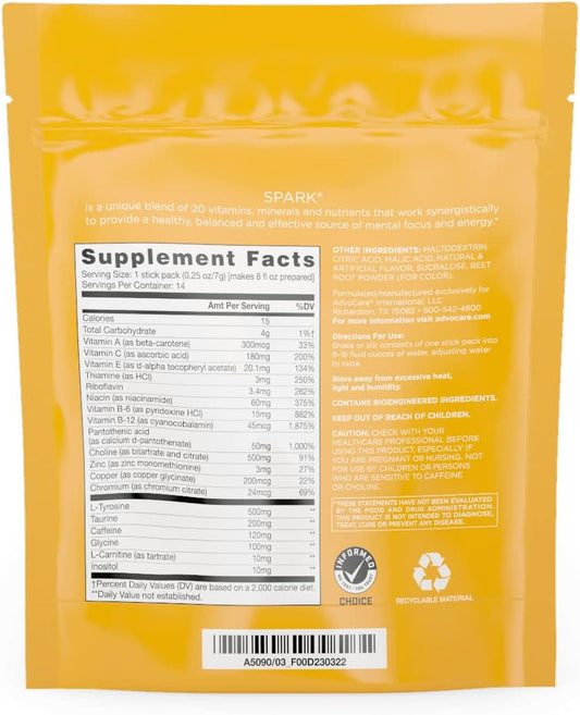 Advocare Spark Vitamin & Amino Acid Supplement - Focus & Energy Drink Powder Mix With Vitamin A, B-6, C & E - Also Includes L-Carnitine & L-Tyrosine - Cranberry Peach Orange, 14 Stick Packs