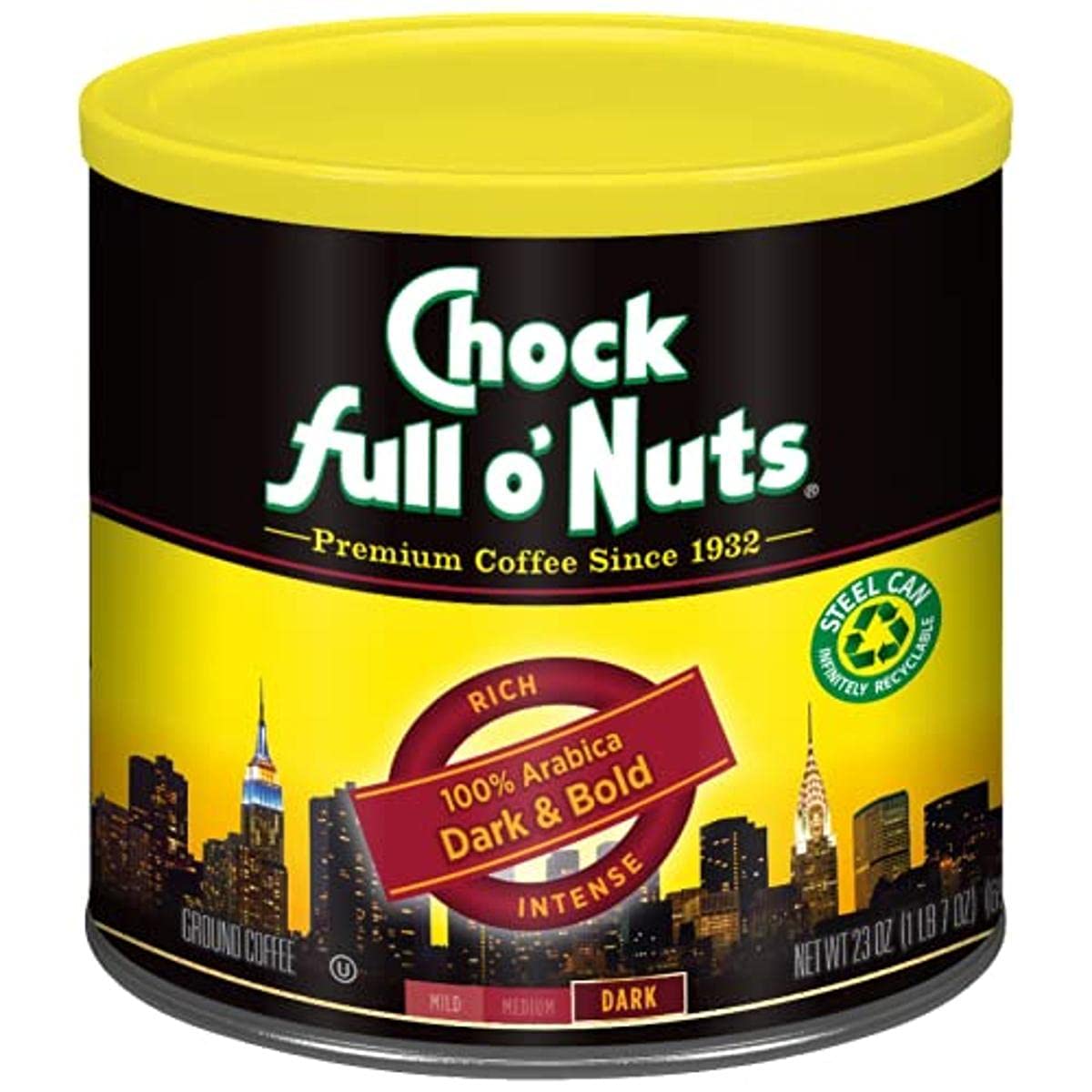 Chock Full o’Nuts Dark & Bold Roast, Dark Roast Ground Coffee – Gourmet Arabica Coffee Beans – Bold, Full-Bodied and Intense Coffee (23 Oz. Can)