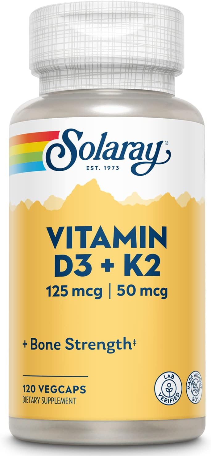 SOLARAY Vitamin D3 + K2, D & K Vitamins for Calcium Absorption and Support for Healthy Cardiovascular System & Arteries, Non-GMO & No Soy (120 Servings, 120 VegCaps)