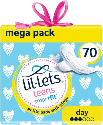 Lil-Lets Teens Day Pads X 70, Petite Towels For Girls & Teenagers, With Wings, For Light to Medium Flow, Unscented, Soft & Breathable, First Period Sanitary Towels, 5 Packs of 14 Pads - Bulk Pack