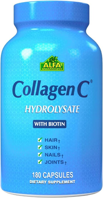 CollagenC - Collagen Hydrolysate Capsules with Biotin by Alfa Vitamins - Anti-Aging Nutritional Supplement for Skin, Nails & Hair Rejuvenation - Supports Bone & Muscle - Made in USA - 180 Capsules