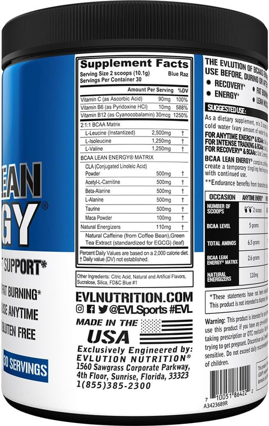 EVL BCAA Lean Energy Powder - Pre Workout Green Tea Fat Burner Support with BCAAs Amino Acids and Clean Energizers - BCAA Powder Post Workout Recovery Drink for Lean Muscle Recovery - Blue Raz