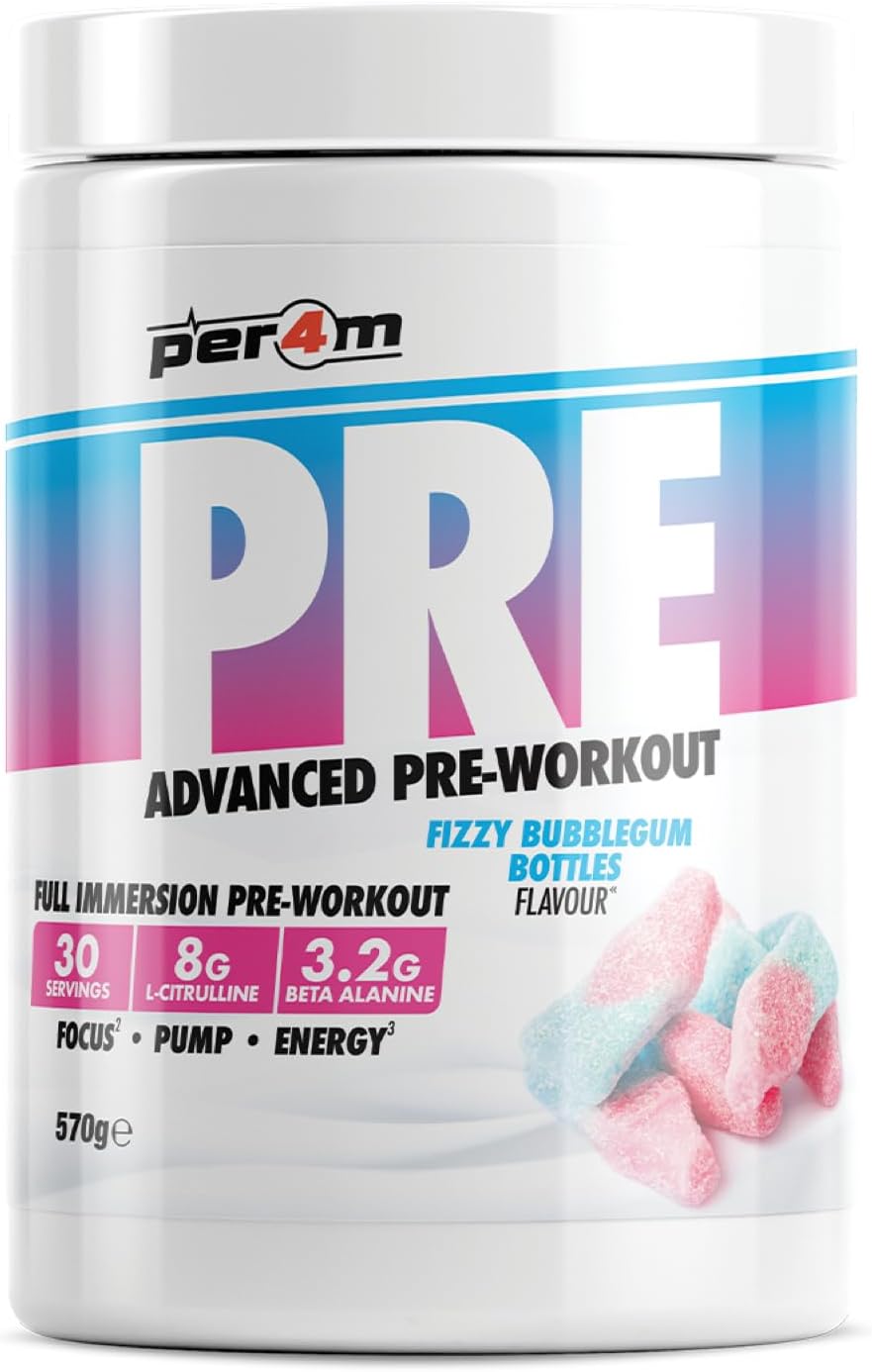 Per4M Pre Workout Powder 570G | Intense Pump, Sustained Energy And Mental Focus | With L-Citrulline, Beta Alanine & Caffeine With Added Hydration (Fizzy Bubblegum Bottle)