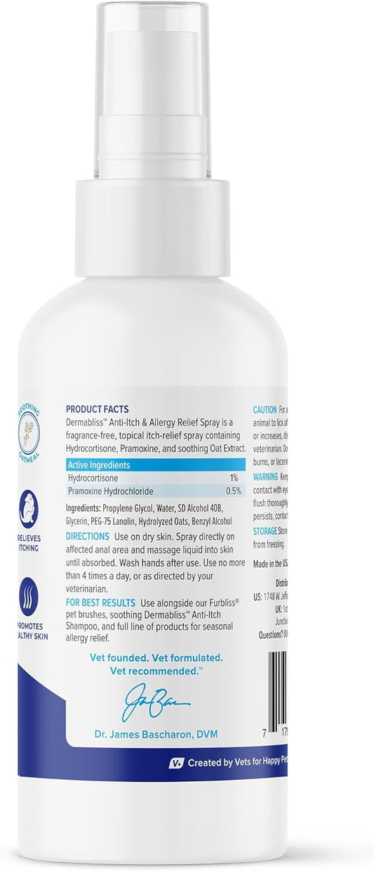 Vetnique Dermabliss Anti Itch Spray For Dogs & Cats With Hydrocortisone For Allergies And Immediate Dog Itching Skin Relief - Fragrance Free With Soothing Oat Extract (4Oz Anti Itch Spray)