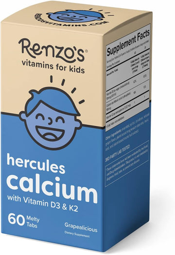 Renzo's Hercules Calcium Supplement with Vitamin D3 & K2 - Dissolving Kids Vitamins - 60 Grape-Flavored Melty Tabs