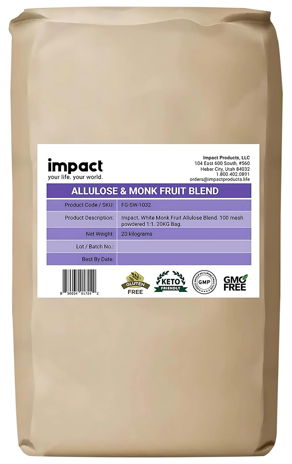 Impact - Powdered Sweetener: White Allulose Monk Fruit Blend - Zero Calorie, Zero Carb, Keto-Friendly, 1:1 Sugar Substitute - Bake & Cook Guilt-Free - 20Kg