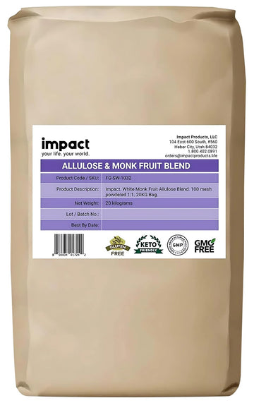 Impact - Powdered Sweetener: White Allulose Monk Fruit Blend - Zero Calorie, Zero Carb, Keto-Friendly, 1:1 Sugar Substitute - Bake & Cook Guilt-Free - 20Kg