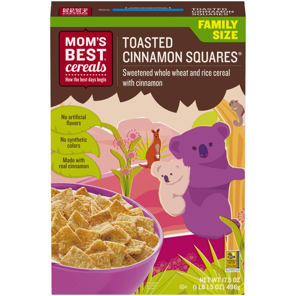 Mom's Best Toasted Cinnamon Squares Cereal, Made with Whole Grain, No High Fructose Corn Syrup, Made with Real Cinnamon, Kosher, 17.5 Oz Box (Pack of 14)