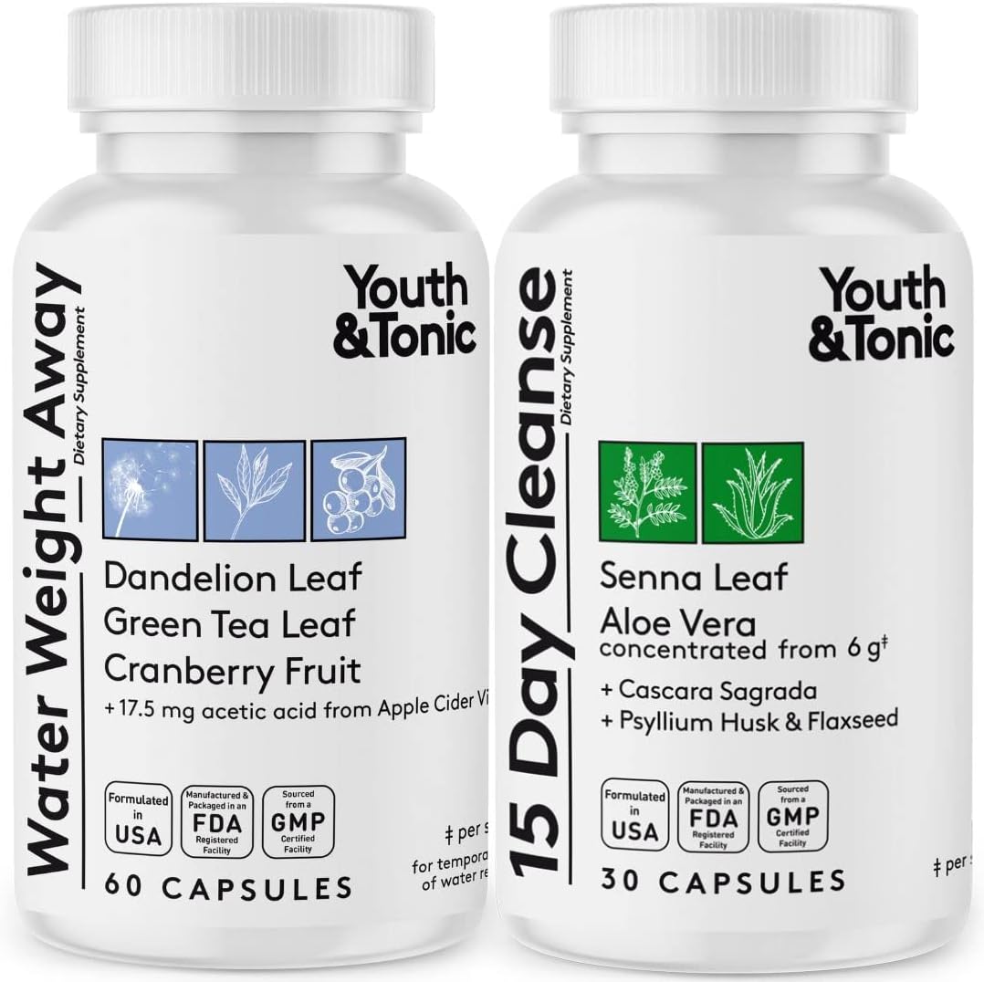 Youth & Tonic Water & Waste Away Pills For Belly Bloating And Swelling For A Thin Waistline & Slender Body As 2X Diet Support Supplements/Water Weigh Away + 15 Day Colon Cleanse 60 + 30 Capsules