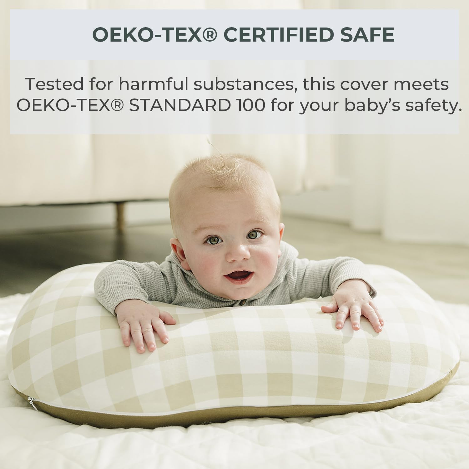 Pobibaby 1-Pack Premium Nursing Pillow Cover - Ultra Soft & Stretchy 96% Cotton, Breastfeeding Pillow Cover For Baby Boys And Girls (Gingham Khaki)
