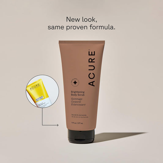 Acure Brightening Body Scrub - Skin Renewal With Blend Of Clay, Sea Salt & Niacinamide Extract - Rejuvenating Exfoliation For Soft, Refreshed Glowing Clear Skin - Suitable For All Skin Types - 6 Fl Oz