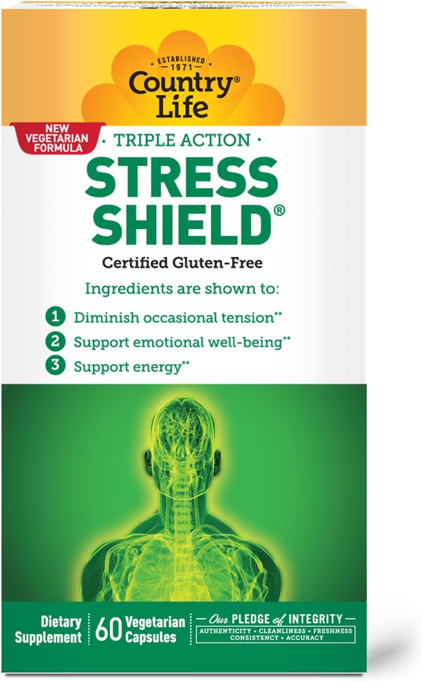 Country Life Stress Shield – Stress & Tension Relief Supplement With Ashwagandha, B-Vitamins For Energy & Emotional Well-Being, Supports Mental Clarity & Resilience, Gluten-Free, Vegan, 60 Capsules