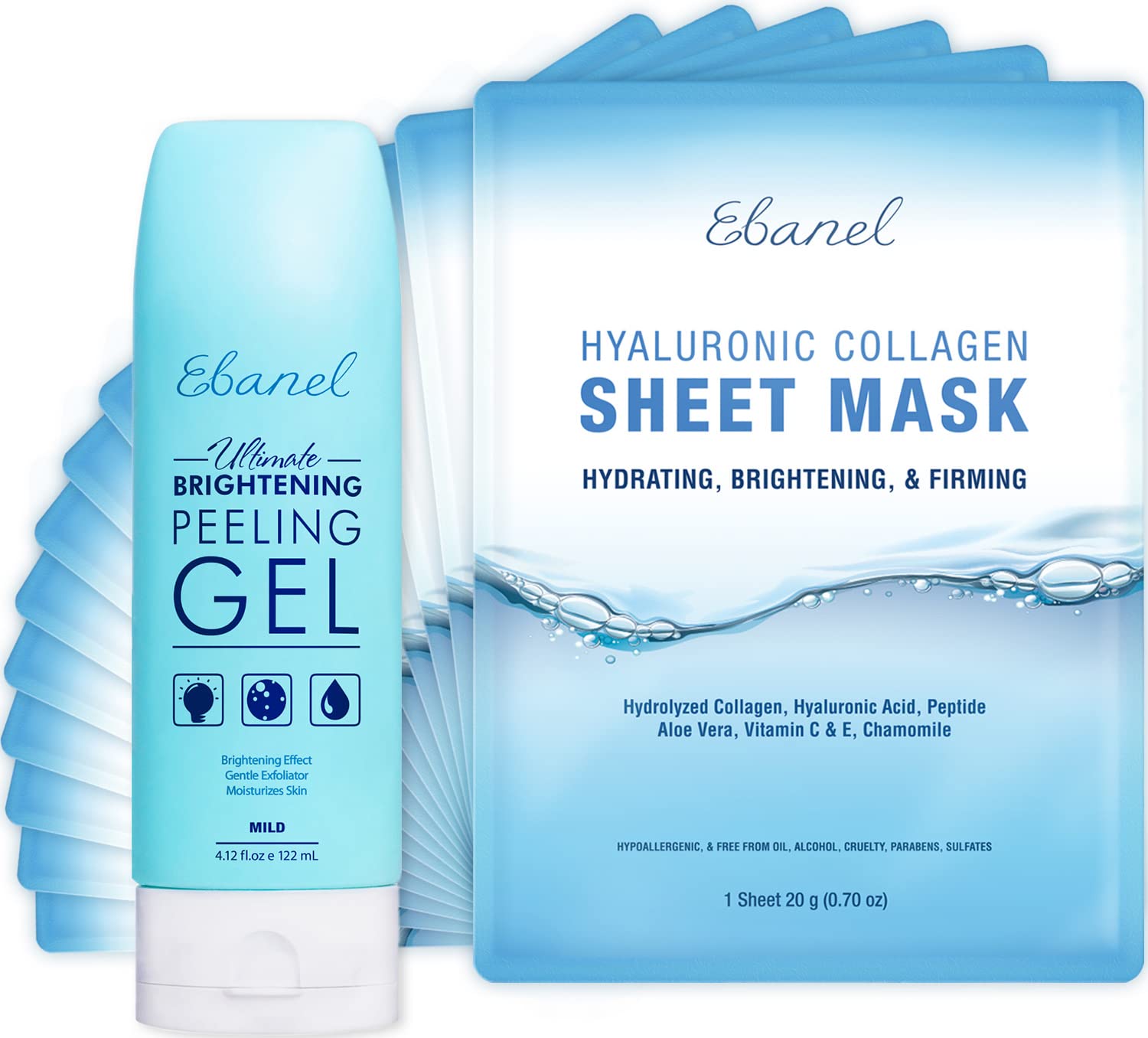Ebanel Bundle of Gentle Exfoliating Face Scrub Peeling Gel 4.12 Oz, and 15 Pack Collagen Face Mask