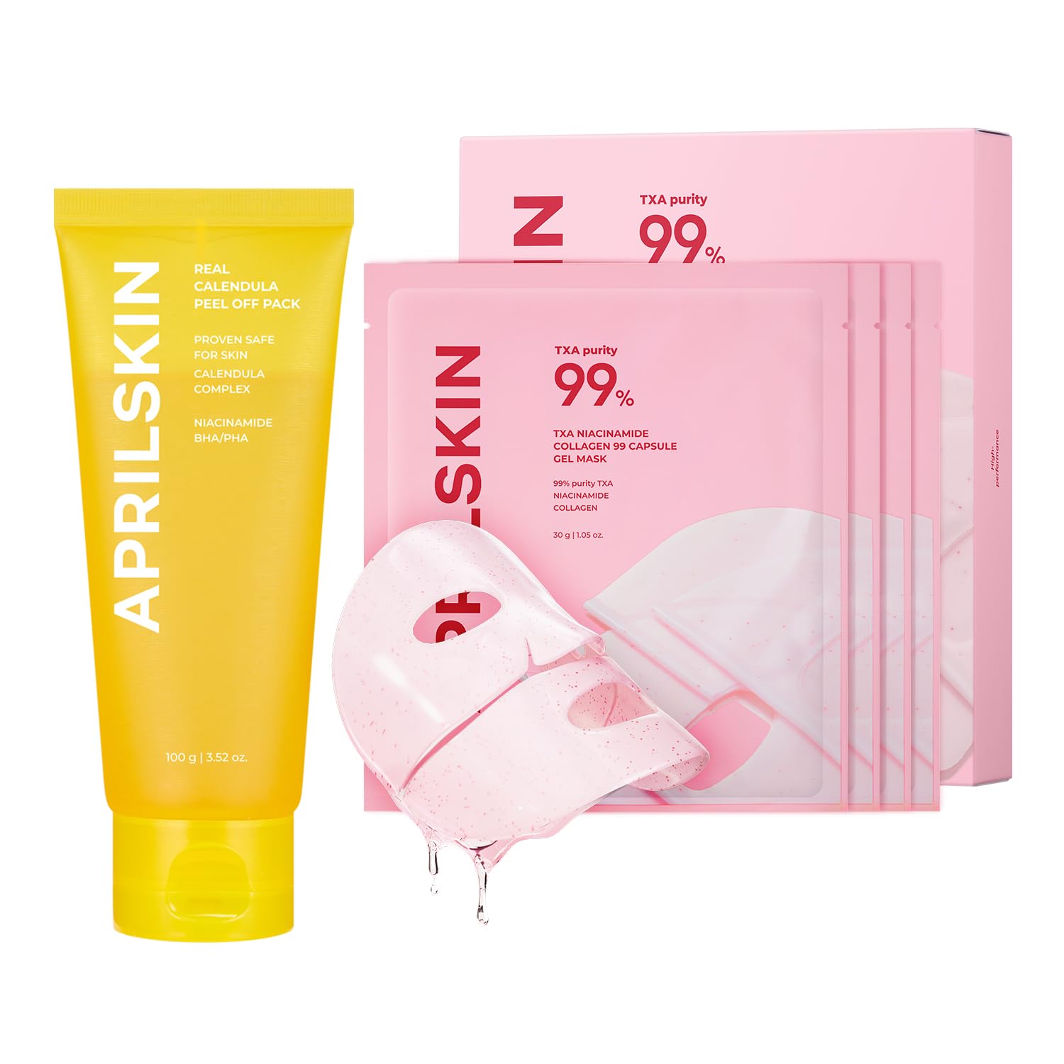 Aprilskin Peel & Glow Mask Duo: Calendula Flower-Infused Facial Peel Off Mask And Txa Pink Capsule Gel Mask (4Ea)