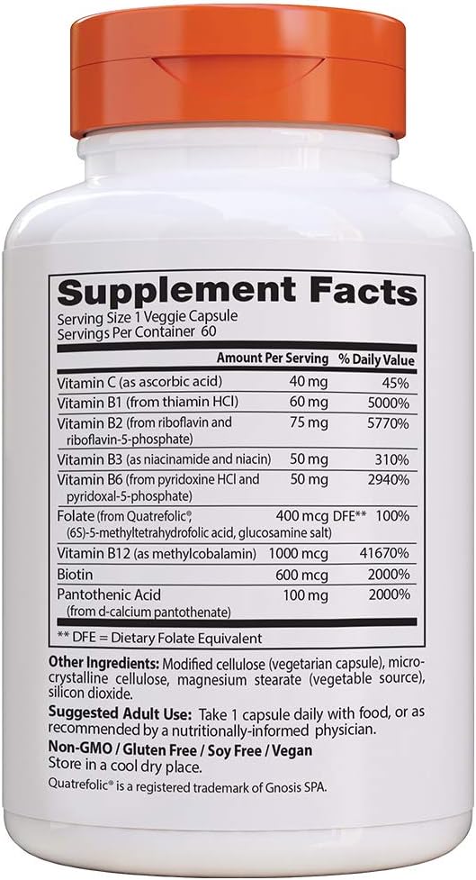 Doctor'S Best, Fully Active B Complex Supports Energy Nervous System Optimal Health Positive Mood Wellbeing Nongmo Gluten Free Vegan Soy Free, 60 Count