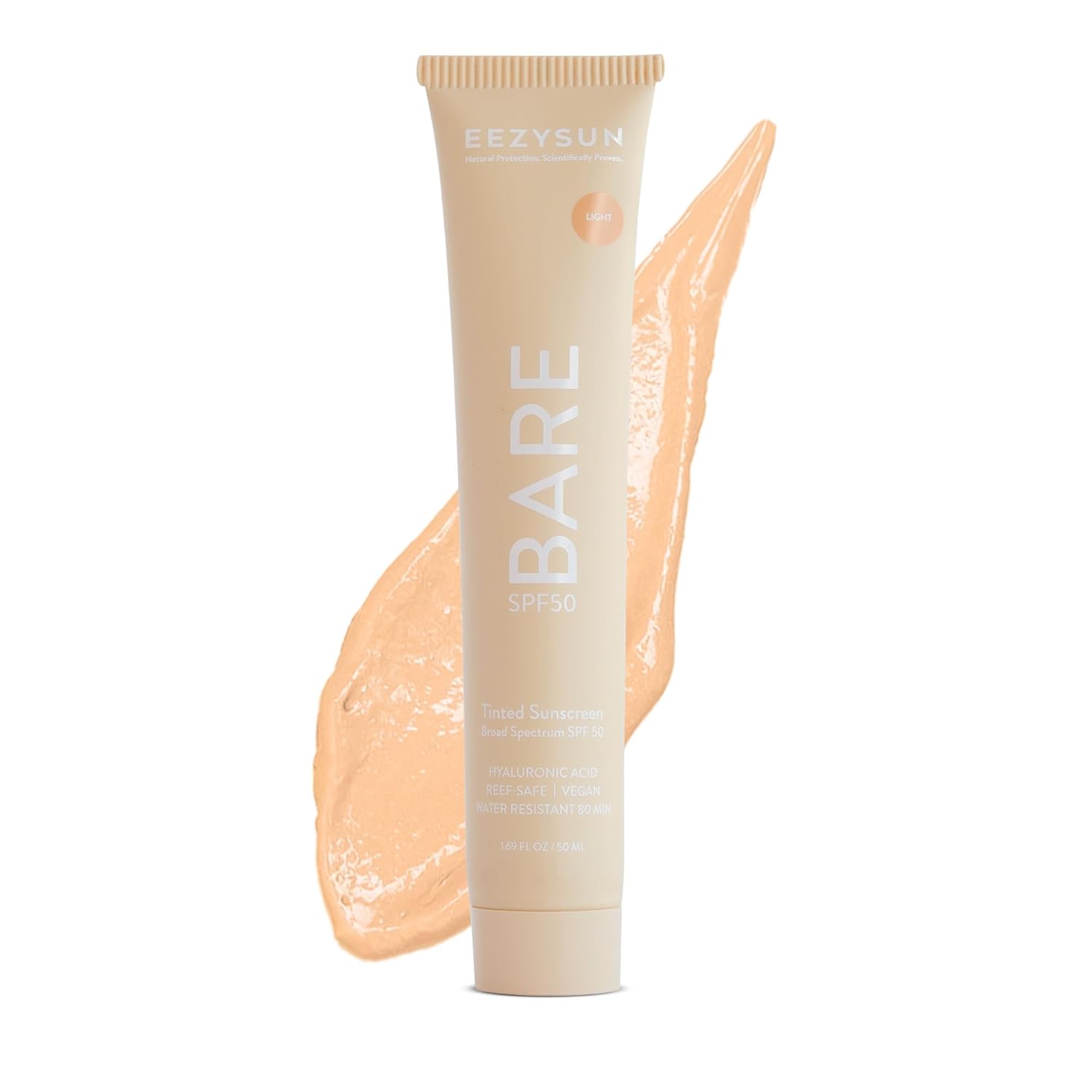 Bare Tinted Sunscreen Spf 50 – Non-Greasy, Water-Resistant, Vegan & Reef-Safe With Hyaluronic Acid & Jojoba Oil – 1.69 Fl Oz – Light