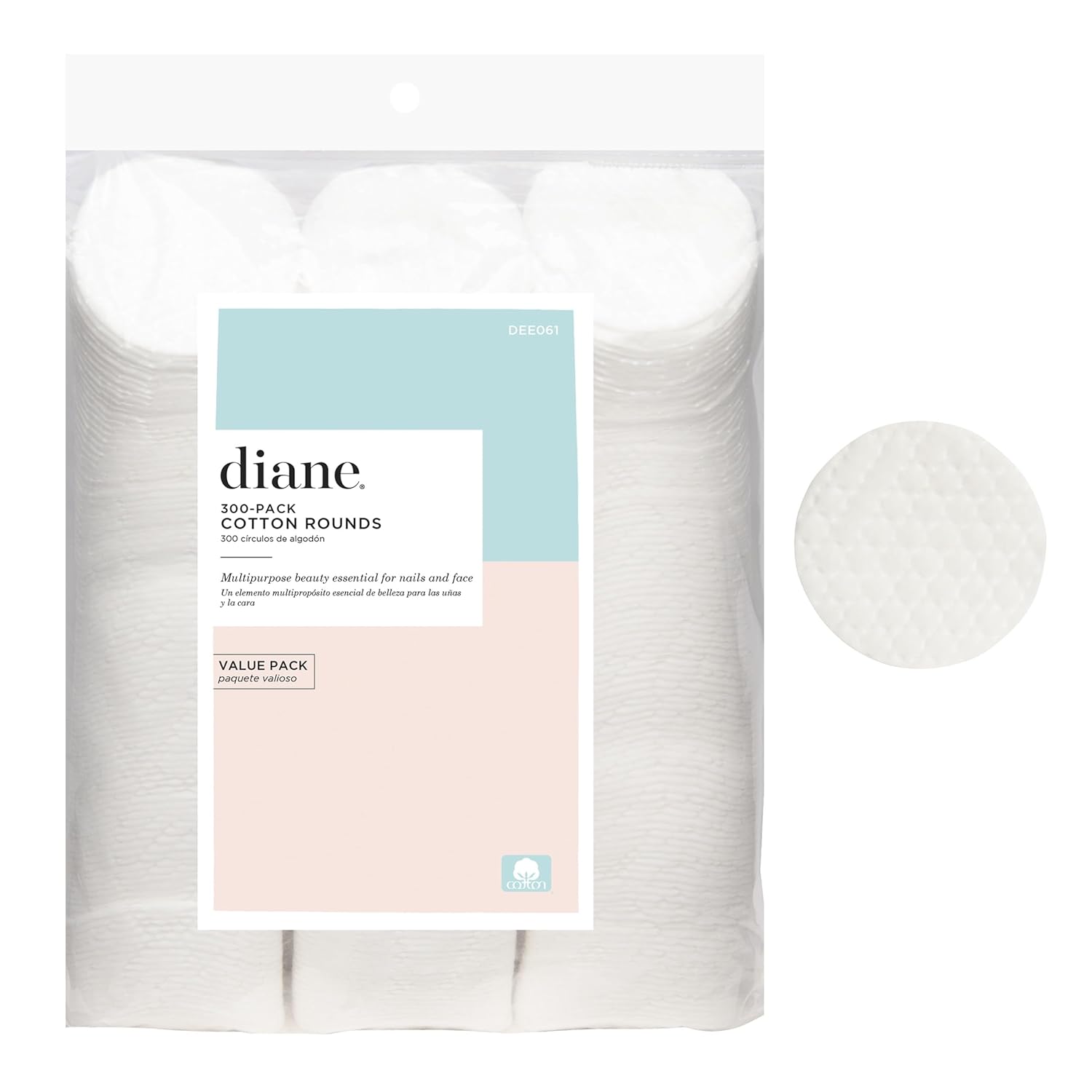 Diane Multi-Layer Cotton Rounds, 300 Count Bulk Pack, 100% Pure Cotton, Premium, Hypoallergenic, Biodegradable, Strong and Durable Makeup and Nail Polish Removal Wipes