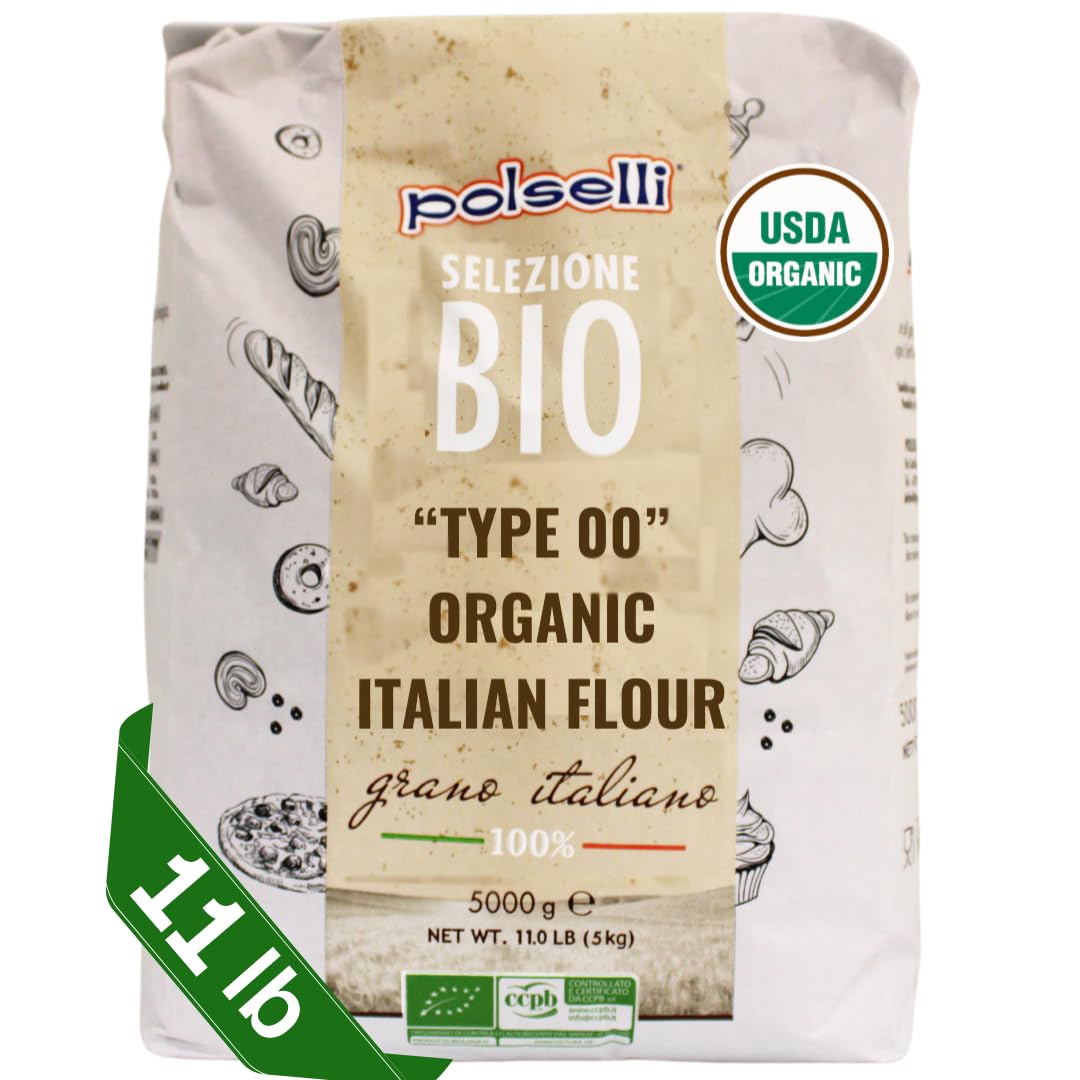 Organic Flour, Type "00", 100% Italian Grain, Double Zero Flour, Oo Extra Fine, 11 Lbs (5 Kg), Bio, Neapolitan Italian Pizza, Bread, Pasta, All Natural, Unbleached, All-Purpose Flour, Unbromated, No Additives, Polselli