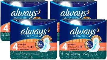 Always Ultra Thin, Size 4, Overnight Pads With Wings, Unscented, 14 Count, Pack of 4