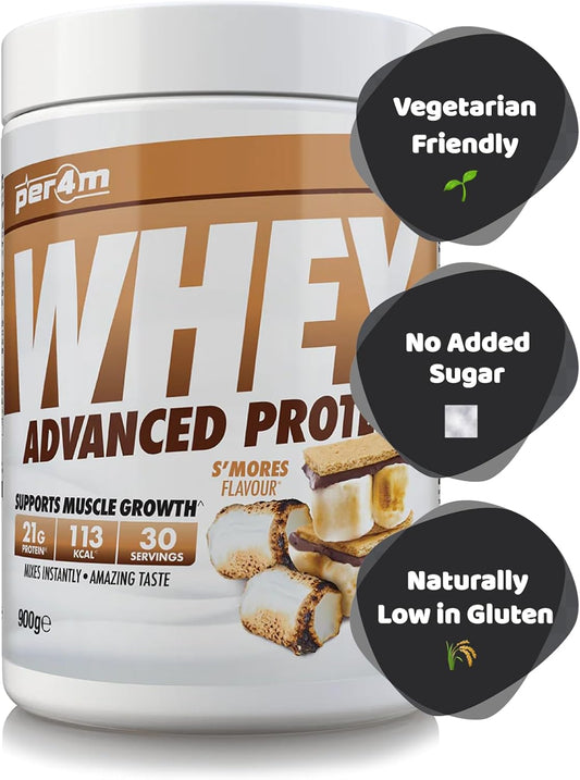 Per4M Protein Whey Powder | 30 Servings Of High Protein Shake With Amino Acids | For Optimal Nutrition When Training | Low Sugar Gym Supplements (900G, S'Mores)