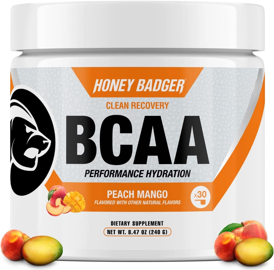 Honey Badger Bcaa + Eaa Amino Acids Electrolytes Powder, Bcaas + L-Glutamine, Keto, Vegan, Sugar Free For Men & Women, Hydration & Post Workout Muscle Recovery Drink Mix, Peach Mango, 30 Servings